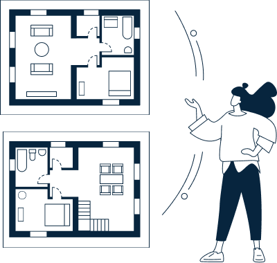 Plans d’appartement montrant la sélection d’un logement neuf et de ses options personnalisables
