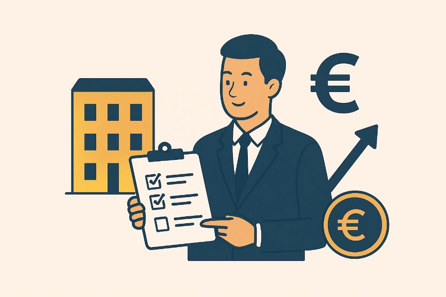 Investisseur devant un immeuble neuf avec des symboles financiers illustrant les avantages fiscaux du nouveau statut de bailleur privé.