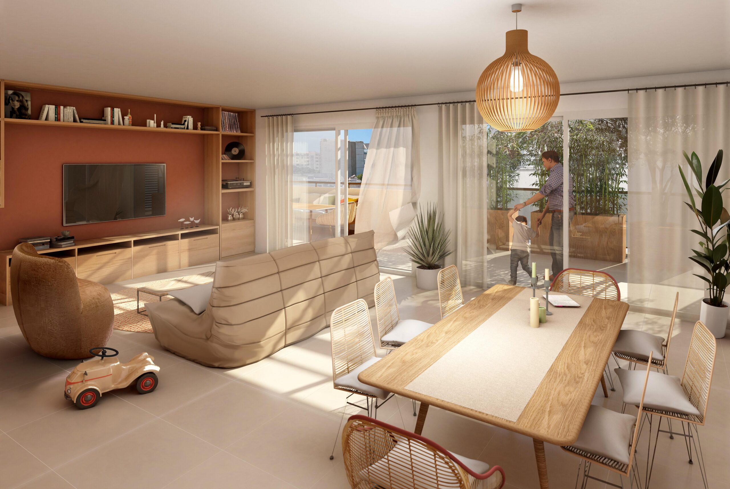 Pièce à vivre d'un appartement en dernier étage sur la Résidence Le Huit